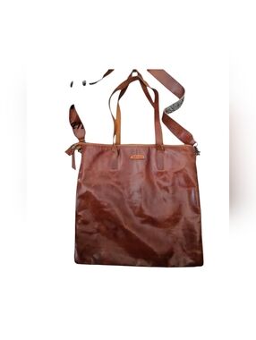 Most Wanted USA Tan Leather & Canvas Shoulder Laptop Tote Handbag